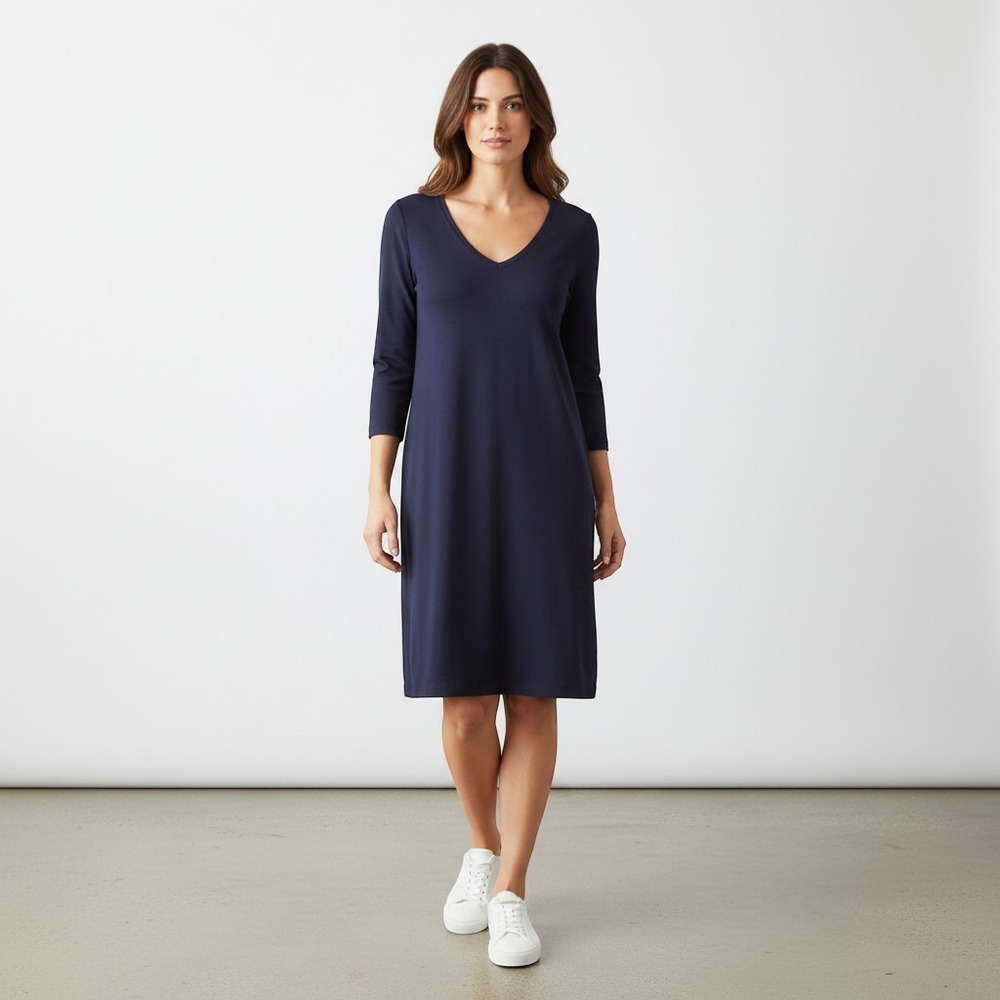 Eileen Fisher Petite Navy Blue V-Neck Jersey Shift Dress LP Minimalist Classic
